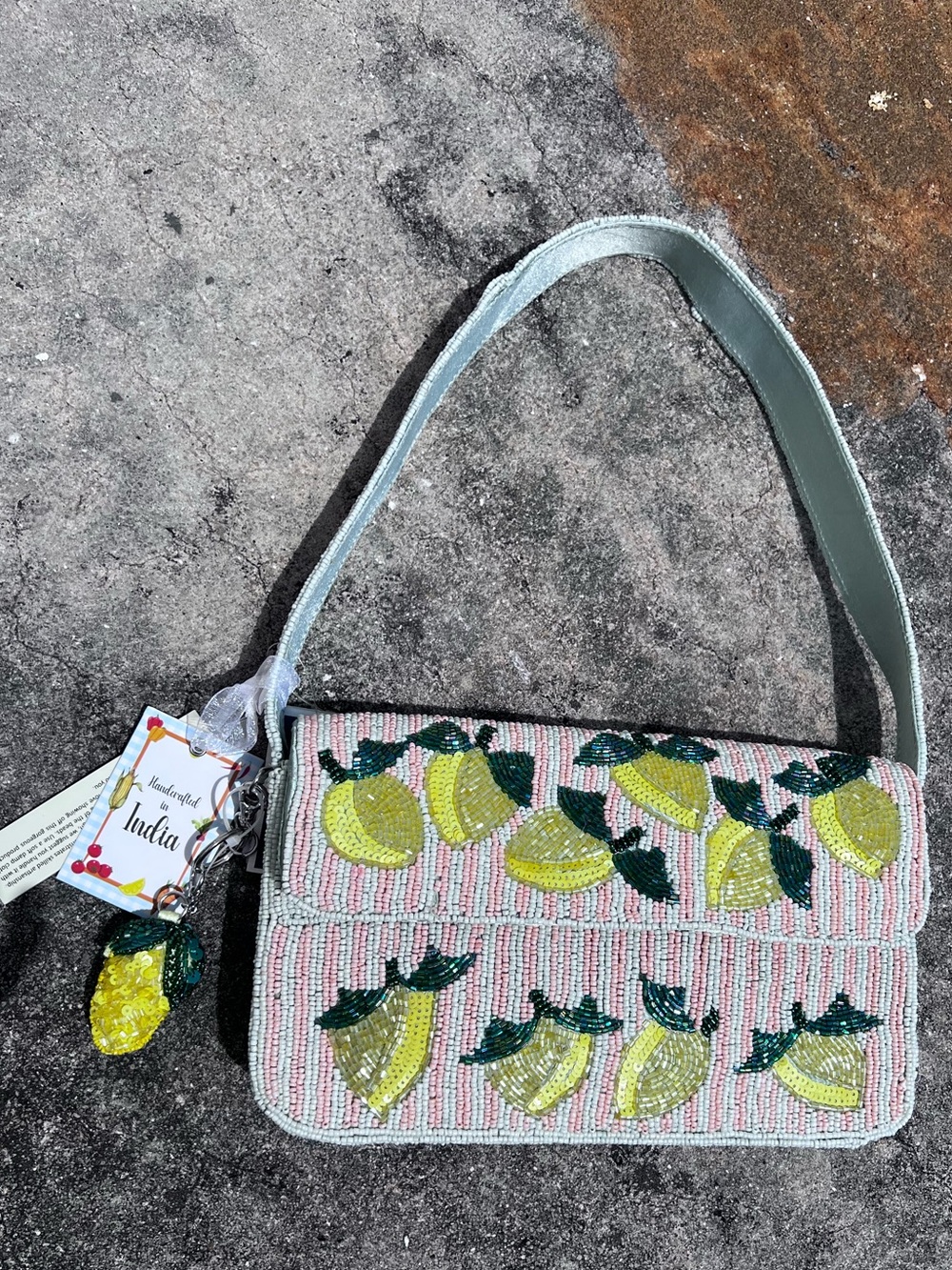 🍋NWT Beaded Lemons & Pastel Color Stripes Shoulder Bag